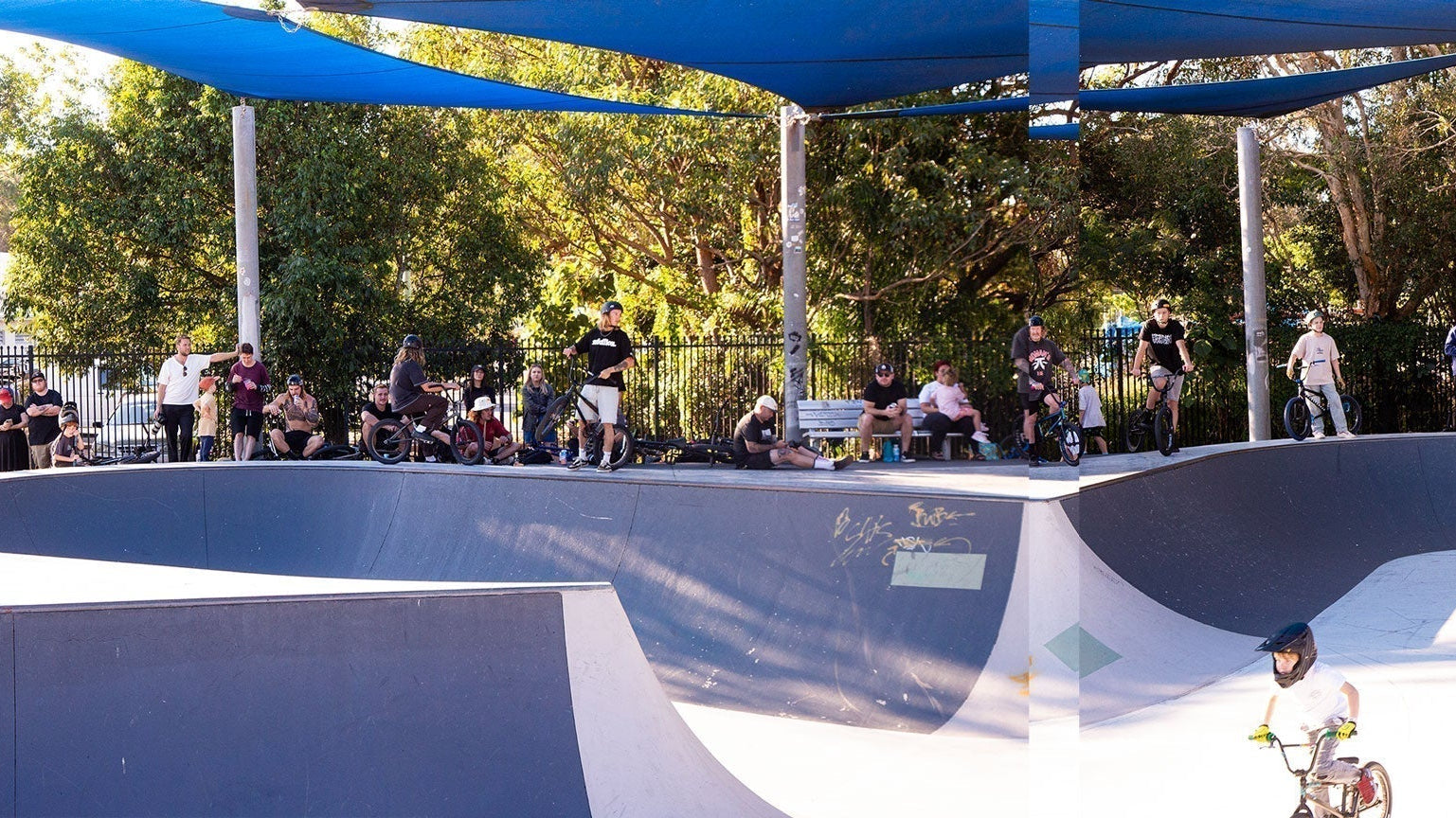 caloundra skatepark overview with BMX riders everywhere during a Backbone BMX jam called Roast The Coast
