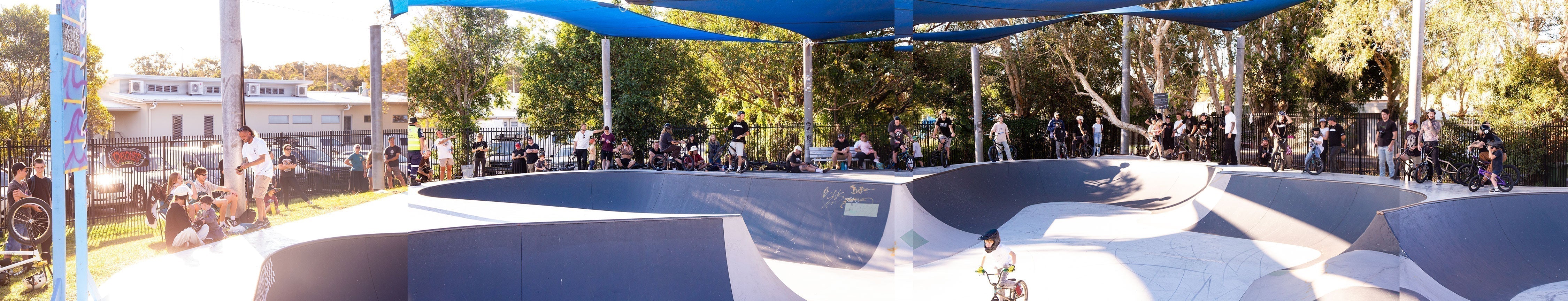 caloundra skatepark overview with BMX riders everywhere during a Backbone BMX jam called Roast The Coast