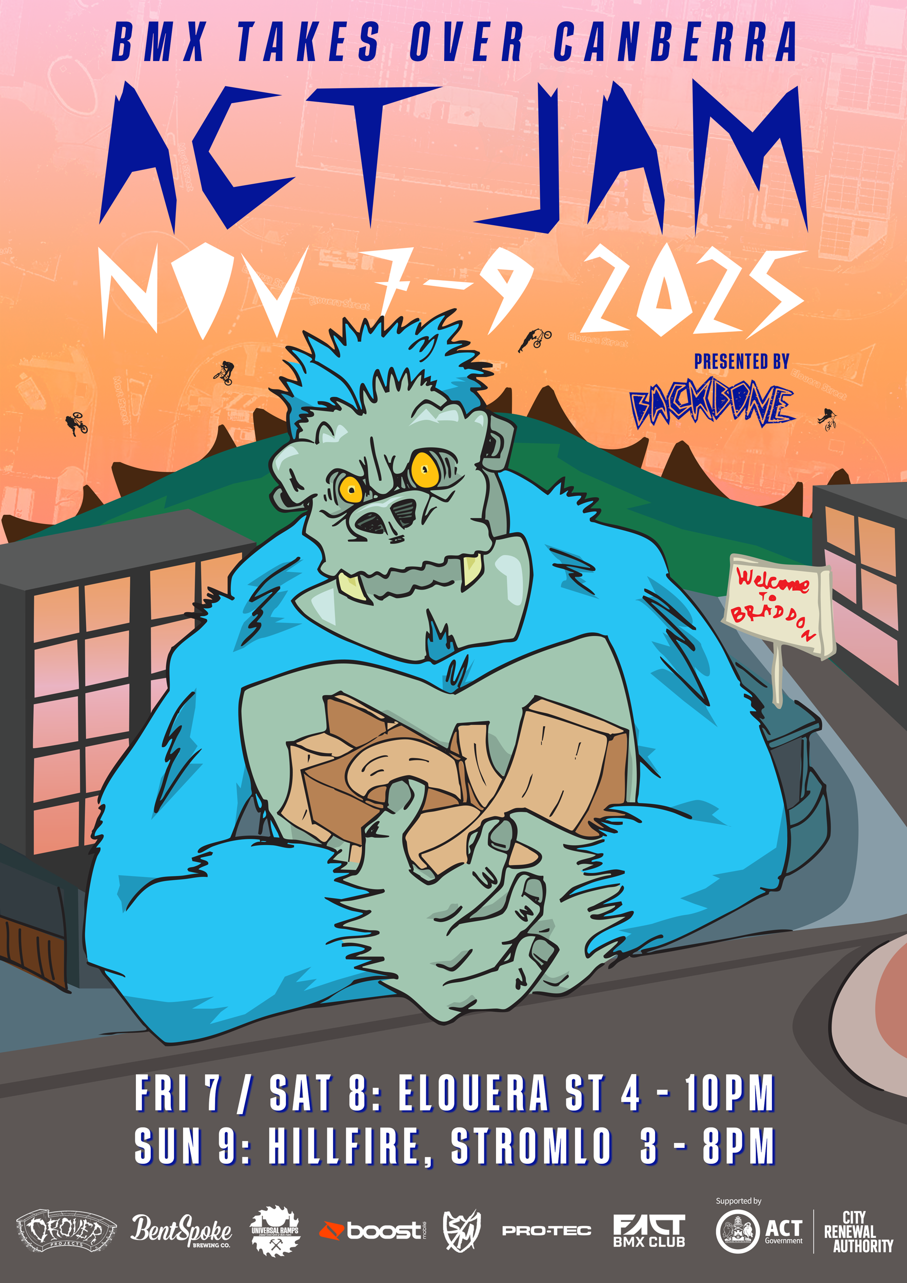 Promotional poster for BMX event ACT JAM 2025 featuring a cartoon ape with blue hair holding ramps.